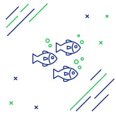 Mavi ve yeşil çizgili balık simgesi beyaz arkaplanda izole edildi. Renkli taslak konsepti. Vektör İllüstrasyonu