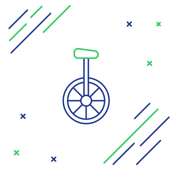 青と緑のラインユニサイクルまたは白の背景に隔離された1つのホイール自転車アイコン 単輪自転車 カラフルなアウトラインコンセプト ベクターイラスト — ストックベクタ