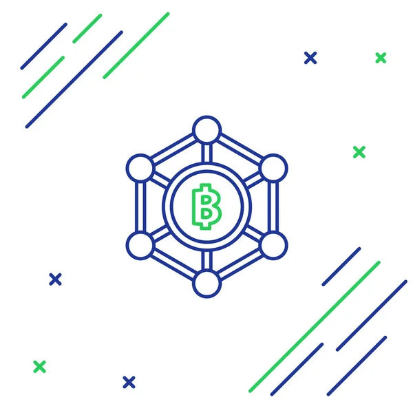 Блакитна і зелена лінія технології Blockchain значок Bitcoin на білому тлі. Абстрактний бізнес геометричних блоків мережевих технологій. Барвиста концепція контуру. Векторна ілюстрація — стоковий вектор