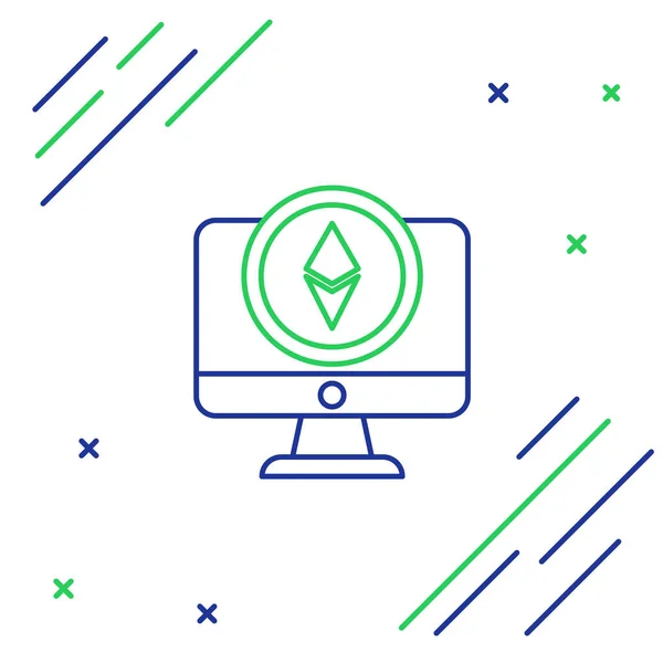 Línea azul y verde Monitor y moneda criptomoneda Ethereum ETH icono sobre fondo blanco. Altcoin símbolo. Blockchain basado en criptomoneda segura. Concepto de esquema colorido. Ilustración vectorial — Archivo Imágenes Vectoriales