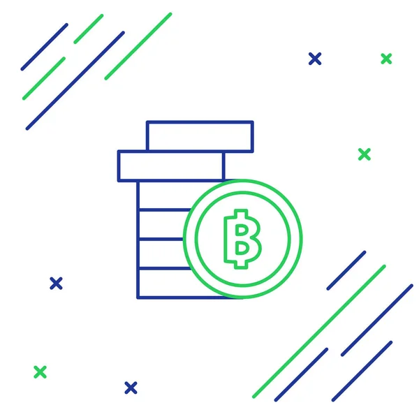 Modrá a zelená čára Kryptoměna mince Ikona bitcoinu na bílém pozadí. Fyzická bitová mince. Zabezpečená šifrovací měna založená na blockchainu. Barevný koncept. Vektorová ilustrace — Stockový vektor