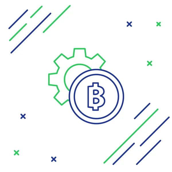 Modrá a zelená čára Kryptoměna mince Ikona bitcoinu na bílém pozadí. Nastavení ozubení a bitcoinu. Zabezpečená šifrovací měna založená na blockchainu. Barevný koncept. Vektorová ilustrace — Stockový vektor