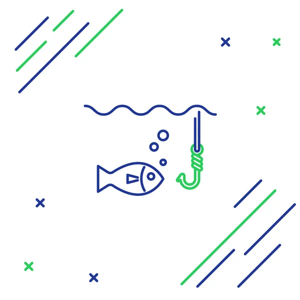 Синяя Зеленая Линия Рыбалка Крючок Водой Рыбой Значок Изолирован Белом — стоковый вектор