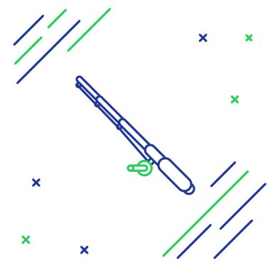 Mavi ve yeşil çizgili olta çubuğu simgesi beyaz arkaplanda izole edildi. Balıkçılık ekipmanları ve balık çiftliği konuları. Renkli taslak konsepti. Vektör İllüstrasyonu