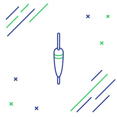 Mavi ve yeşil çizgili balıkçı ikonu beyaz arka planda izole edildi. Balık oltası. Renkli taslak konsepti. Vektör İllüstrasyonu