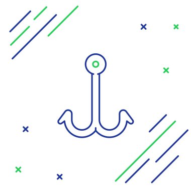 Mavi ve yeşil renkli olta kancası beyaz arka planda izole edilmiş. Balık oltası. Renkli taslak konsepti. Vektör İllüstrasyonu