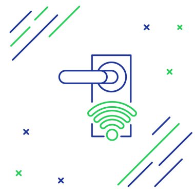 Mavi ve yeşil hat dijital kapı kilidi beyaz arkaplanda izole edilmiş ikonu açmak için kablosuz teknoloji var. Kapı kolu tabelası. Güvenlik akıllı ev. Renkli taslak konsepti. Vektör İllüstrasyonu