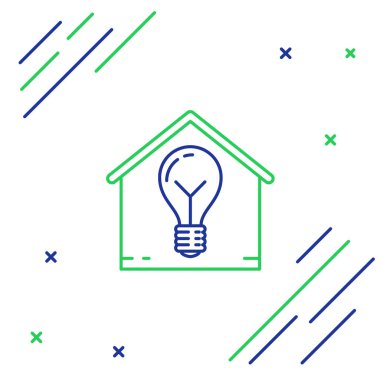 Mavi ve yeşil çizgi Akıllı ev ve ampul ikonu beyaz arkaplanda izole edilmiş. Renkli taslak konsepti. Vektör İllüstrasyonu