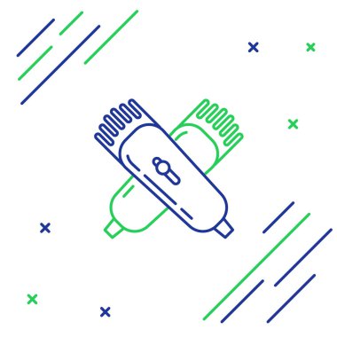 Mavi ve yeşil çizgi beyaz arka planda izole edilmiş elektrikli saç kırpma makinesini ya da tıraş ikonunu kesmiş. Berber dükkanı sembolü. Renkli taslak konsepti. Vektör İllüstrasyonu