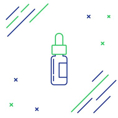 Mavi ve yeşil çizgili, pipetli cam şişe. Beyaz arka planda izole edilmiş, içinde pipet olan bir şişe. Tıbbi ve kozmetik ürünler için konteynır. Renkli taslak konsepti. Vektör İllüstrasyonu