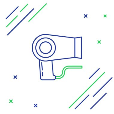 Mavi ve yeşil çizgi saç kurutma ikonu beyaz arkaplanda izole edildi. Saç kurutma makinesi tabelası. Saç kurutma sembolü. Sıcak hava üflüyor. Renkli taslak konsepti. Vektör İllüstrasyonu