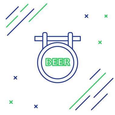 Beyaz zemin üzerinde bira simgesi olan mavi ve yeşil çizgi sokak tabelası. Reklamlar için uygun bar, kafe, bar, restoran. Renkli taslak konsepti. Vektör İllüstrasyonu