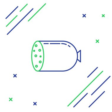 Beyaz arka planda mavi ve yeşil çizgili salam sosisi ikonu izole edildi. Et şarküteri ürünü. Renkli taslak konsepti. Vektör İllüstrasyonu