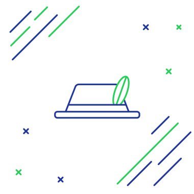 Mavi ve yeşil çizgi Oktoberfest şapka ikonu beyaz arkaplanda izole edildi. Tüylü avcı şapkası. Alman şapkası. Renkli taslak konsepti. Vektör İllüstrasyonu