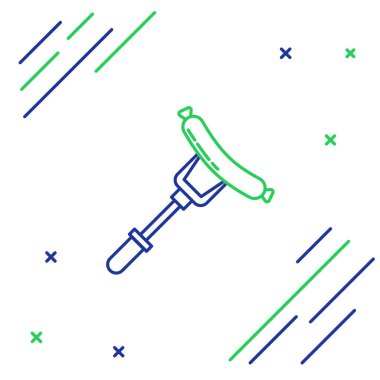 Çatal ikonundaki mavi ve yeşil çizgili sosis beyaz arka planda izole edilmiş. Izgara sosis ve aroma işareti. Renkli taslak konsepti. Vektör İllüstrasyonu