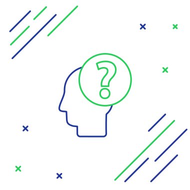 Beyaz arka planda soru işareti simgesi olan mavi ve yeşil çizgi insan kafası. Renkli taslak konsepti. Vektör İllüstrasyonu