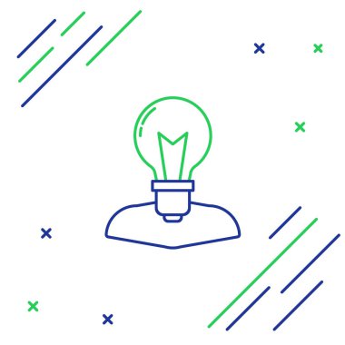 Mavi ve yeşil çizgi üzerinde lamba ikonu olan insan kafası beyaz arkaplanda izole edilmiş. Renkli taslak konsepti. Vektör İllüstrasyonu