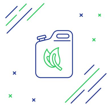 Mavi ve yeşil çizgi biyo yakıt kutusu ikonu beyaz arka planda izole edildi. Çevre biyolojisi ve namlusu. Yeşil çevre ve geri dönüşüm. Renkli taslak konsepti. Vektör İllüstrasyonu