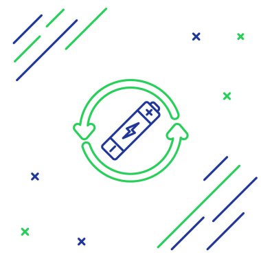 Geri dönüşüm sembolü simgesi olan mavi ve yeşil çizgi pili beyaz arkaplanda izole edilmiş. Geri dönüşüm sembollü pil - yenilenebilir enerji konsepti. Renkli taslak konsepti. Vektör İllüstrasyonu