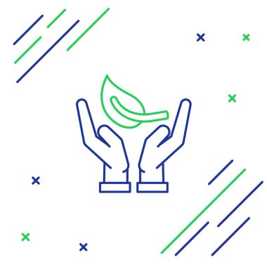 Beyaz arka planda izole edilmiş çevresel koruma ikonu elinde mavi ve yeşil çizgi filizi. Tohum ve tohum. Fidan dikiyorum. Ekoloji konsepti. Renkli taslak konsepti. Vektör İllüstrasyonu