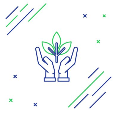 Mavi ve yeşil çizgi. Beyaz arka planda izole edilmiş çevresel koruma ikonu. Tohum ve tohum. Fidan dikiyorum. Ekoloji konsepti. Renkli taslak konsepti. Vektör İllüstrasyonu