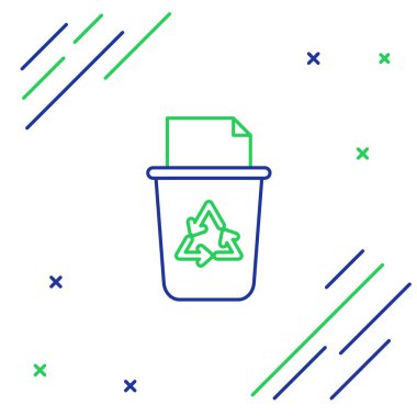 Beyaz zemin üzerinde geri dönüşüm sembolü olan mavi ve yeşil çizgi geri dönüşüm kutusu. Çöp kutusu simgesi. Çöp kutusu tabelası. Geri dönüşüm sepeti işareti. Renkli taslak konsepti. Vektör İllüstrasyonu