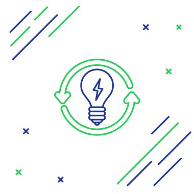 Mavi ve yeşil çizgi geri dönüşüm ve beyaz arkaplanda izole edilmiş yıldırım sembollü ampul. Lamba ışığı. Fikir sembolü. Renkli taslak konsepti. Vektör İllüstrasyonu