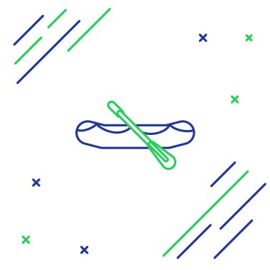 Mavi ve yeşil çizgili Rafting tekne simgesi beyaz arkaplanda izole edildi. Kürekleri olan şişme bir tekne. Su sporları, ekstrem sporlar, tatil, tatil. Renkli taslak konsepti. Vektör İllüstrasyonu