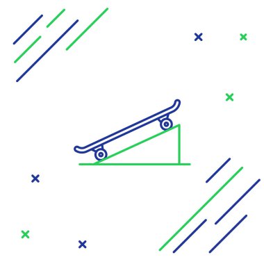 Sokak rampasındaki mavi ve yeşil çizgi kaykayı beyaz arka planda izole edilmiş. Olağanüstü bir spor. Spor malzemeleri. Renkli taslak konsepti. Vektör İllüstrasyonu