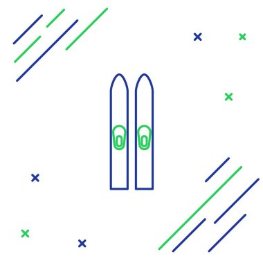 Mavi ve yeşil çizgi kayak ve çubuk simgesi beyaz arkaplanda izole edildi. Olağanüstü bir spor. Kayak ekipmanları. Kış sporları ikonu. Renkli taslak konsepti. Vektör İllüstrasyonu