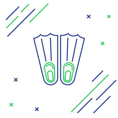 Yüzme ikonu için mavi ve yeşil çizgili plastik yüzgeçler beyaz arka planda izole edilmiş. Dalış ekipmanları. Olağanüstü bir spor. Spor malzemeleri. Renkli taslak konsepti. Vektör İllüstrasyonu