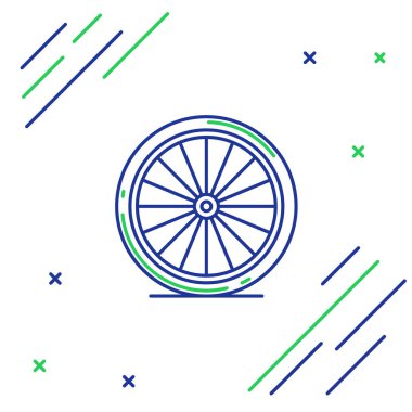 Mavi ve yeşil çizgili bisiklet tekeri simgesi beyaz arkaplanda izole edilmiş. Bisiklet yarışı. Olağanüstü bir spor. Spor malzemeleri. Renkli taslak konsepti. Vektör İllüstrasyonu