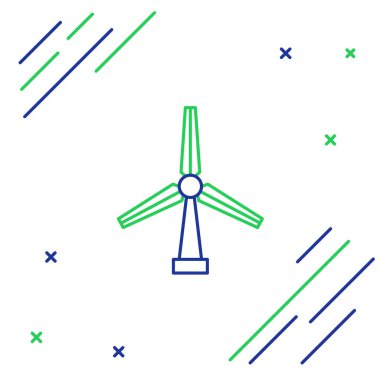 Mavi ve yeşil çizgili rüzgar türbini simgesi beyaz arkaplanda izole edildi. Rüzgar jeneratörü işareti. Elektrik üretimi için yel değirmeni. Renkli taslak konsepti. Vektör İllüstrasyonu