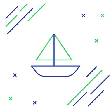 Mavi ve yeşil çizgili Yat yelkenlisi ya da yelkenli ikonu beyaz arka planda izole edilmiş. Yelkenli deniz seyahati. Renkli taslak konsepti. Vektör İllüstrasyonu