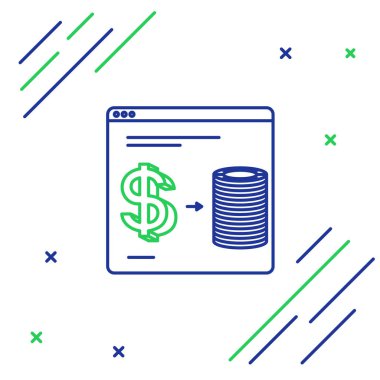 Mavi ve yeşil hat online kumarhane fişleri beyaz arka planda izole edilmiş bir yığın dolar ikonu üzerinde değiş tokuş yapıyorlar. Renkli taslak konsepti. Vektör İllüstrasyonu