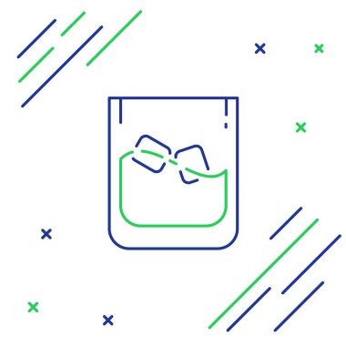 Mavi ve yeşil çizgi, beyaz arka planda izole edilmiş viski ve buz küpleri simgesi. Renkli taslak konsepti. Vektör İllüstrasyonu