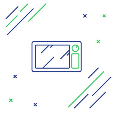 Beyaz zemin üzerinde mavi ve yeşil çizgi mikrodalga fırın ikonu izole edildi. Ev aletleri simgesi. Renkli taslak konsepti. Vektör İllüstrasyonu