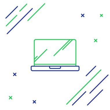 Mavi ve yeşil çizgi Dizüstü simge beyaz arka planda yalıtılmış. Boş ekran işareti olan bilgisayar not defteri. Renkli anahat konsepti. Vektör İllüstrasyonu