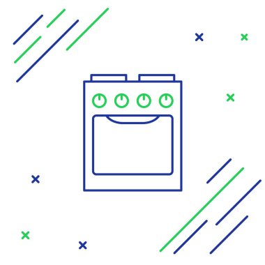 Mavi ve yeşil çizgili fırın simgesi beyaz arkaplanda izole edilmiş. Fırın tabelası. Renkli taslak konsepti. Vektör İllüstrasyonu