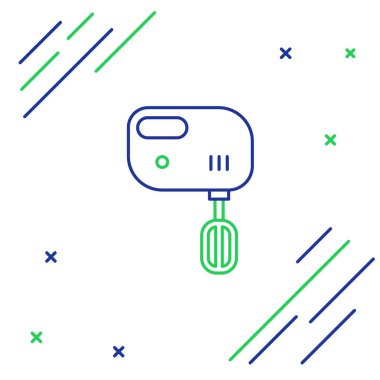 Mavi ve yeşil çizgi. Elektrik karıştırıcı simgesi beyaz arkaplanda izole edilmiş. Mutfak blenderi. Renkli taslak konsepti. Vektör İllüstrasyonu