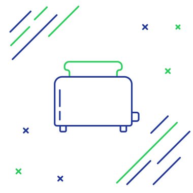 Beyaz arka planda izole edilmiş tost simgesi olan mavi ve yeşil çizgi tost makinesi. Renkli taslak konsepti. Vektör İllüstrasyonu