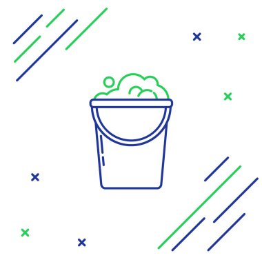 Beyaz zemin üzerinde köpük ve baloncuk ikonu olan mavi ve yeşil çizgi kovası. Temizlik hizmeti konsepti. Renkli taslak konsepti. Vektör İllüstrasyonu