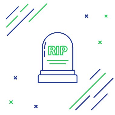 Üzerinde Rip yazan mavi ve yeşil renkli Tombstone çizgisi beyaz arkaplanda izole edilmiş. Mezar ikonu. Renkli taslak konsepti. Vektör İllüstrasyonu