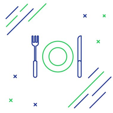 Mavi ve yeşil çizgi tabaka, çatal ve bıçak ikonu beyaz arka planda izole edildi. Çatal bıçak sembolü. Restoran tabelası. Renkli taslak konsepti. Vektör İllüstrasyonu
