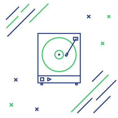 Beyaz arkaplanda izole edilmiş vinil disk ikonu olan mavi ve yeşil çizgili vinil çalar. Renkli taslak konsepti. Vektör İllüstrasyonu