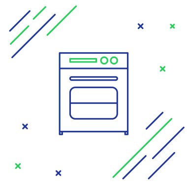 Mavi ve yeşil çizgili fırın simgesi beyaz arkaplanda izole edilmiş. Fırın tabelası. Renkli taslak konsepti. Vektör İllüstrasyonu