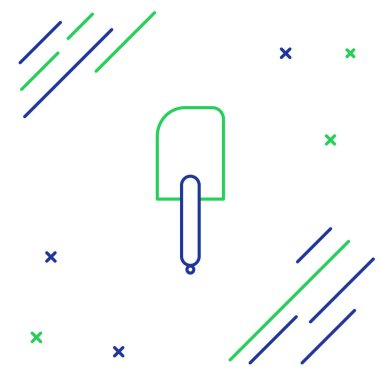 Mavi ve yeşil çizgili Spatula simgesi beyaz arkaplanda izole edildi. Mutfak spatula ikonu. Bbq spatula işareti. Barbekü ve ızgara aleti. Renkli taslak konsepti. Vektör İllüstrasyonu