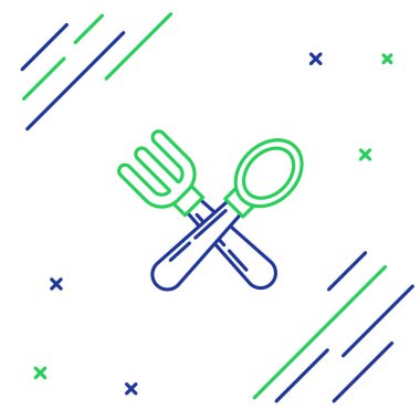 Mavi ve yeşil çizgi beyaz arka planda ayrık çatal ve kaşık ikonu. Mutfak aletleri. Çatal bıçak seti. Renkli taslak konsepti. Vektör İllüstrasyonu