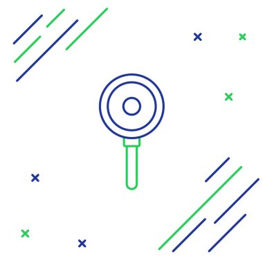 Mavi ve yeşil çizgili kızartma tavası simgesi beyaz arkaplanda izole edildi. Kızartma veya kızartma gıda sembolü. Renkli taslak konsepti. Vektör İllüstrasyonu