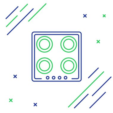 Mavi ve yeşil çizgi doğalgaz soba ikonu beyaz arka planda izole edildi. Mutfak tabelaları. Dört daire ocağı olan bir hob. Renkli taslak konsepti. Vektör İllüstrasyonu